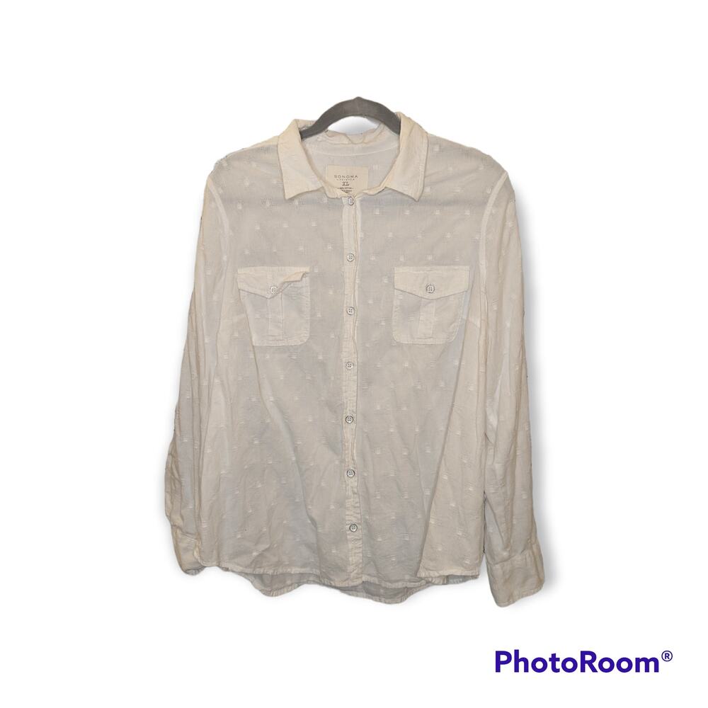 Sonoma White Dot Pattern Western Style Long Roll Up Sleeve Button Down Top XL
